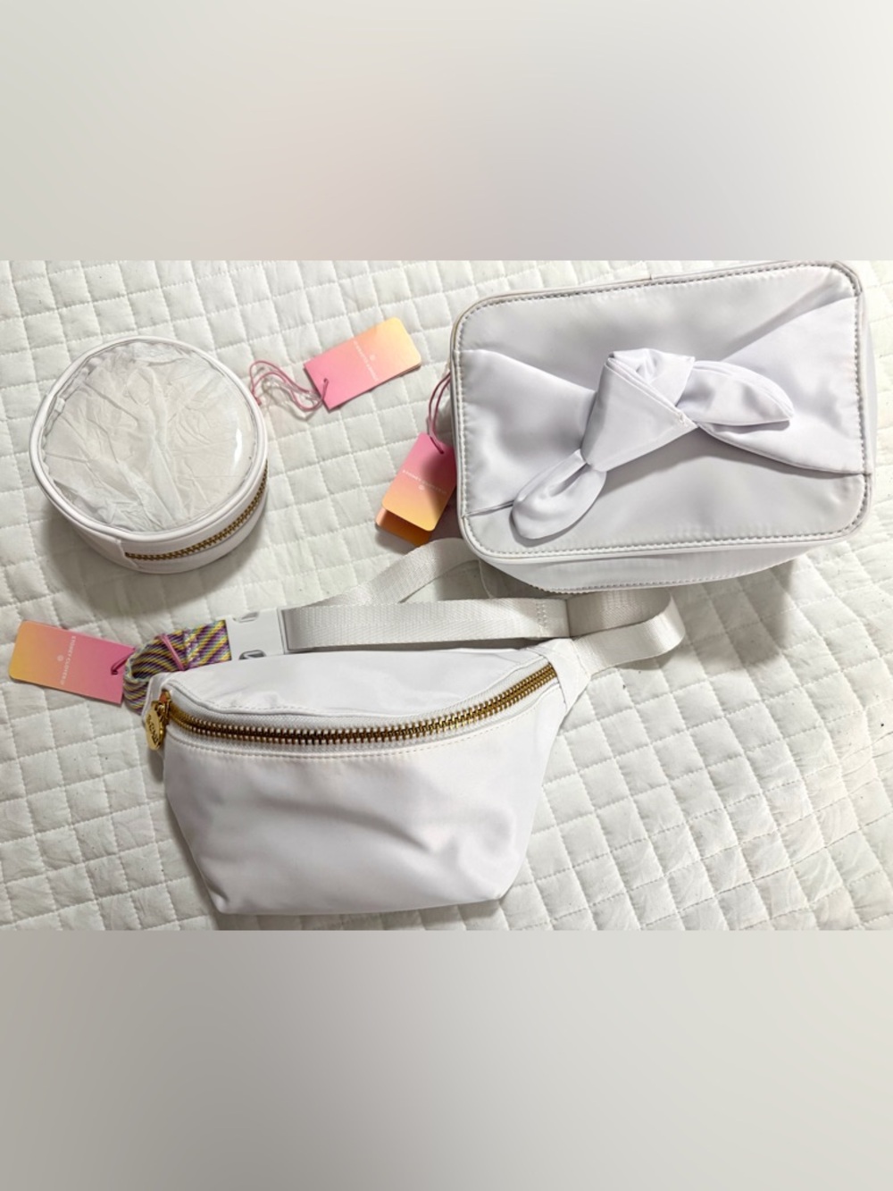 Stoney Clover White Satin Travel Bag Set with Bow Accent